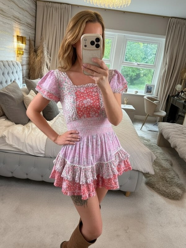 LoveShackFancy Stanton Patchwork Pink Floral Patchwork Dress XS