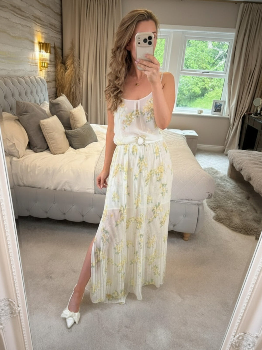 Oasis Sheer White & Yellow Floral Pleated Maxi Dress 12