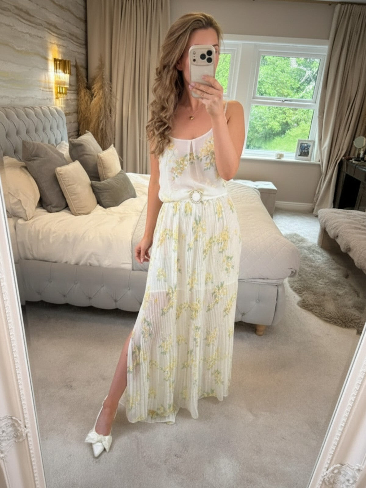 Oasis Sheer White & Yellow Floral Pleated Maxi Dress 12