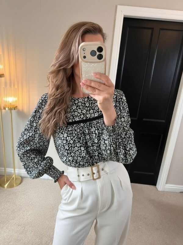 M&S Black & White Floral Boho Blouse 10