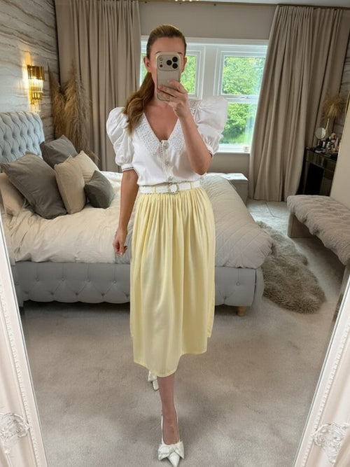 1980s Vintage Chelsea Girl Lemon Yellow Pleat Midi Skirt Small