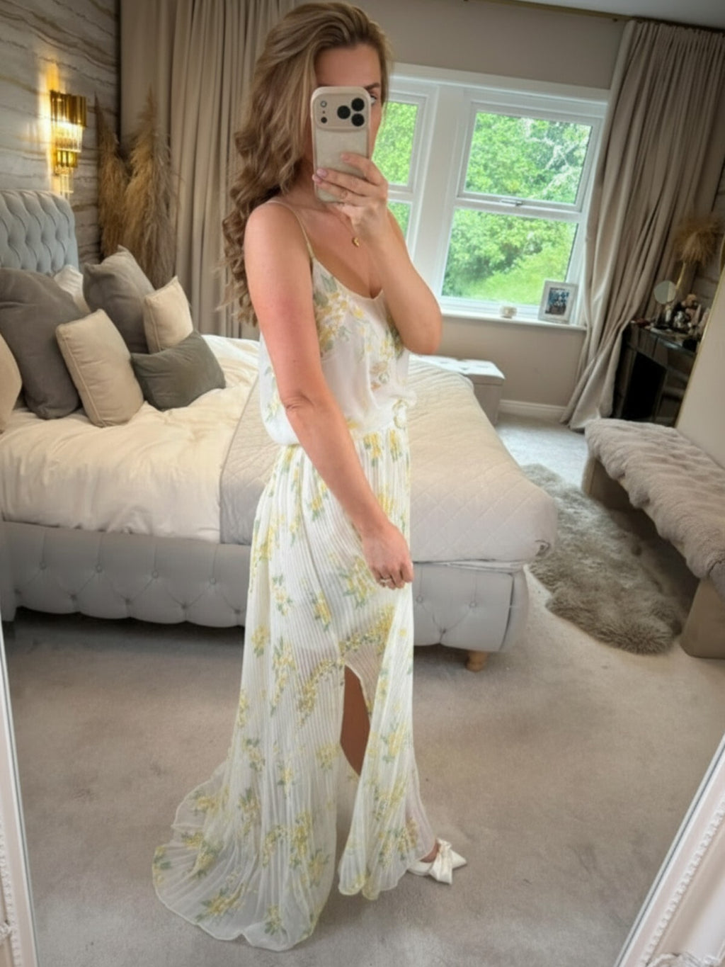 Oasis Sheer White & Yellow Floral Pleated Maxi Dress 12
