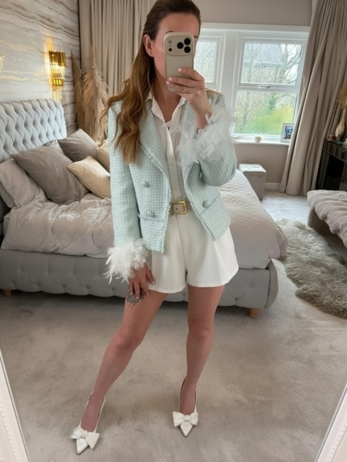 BNWT River Island Mint Green Tweed Feather Cuff Blazer 10