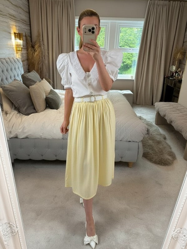 1980s Vintage Chelsea Girl Lemon Yellow Pleat Midi Skirt Small