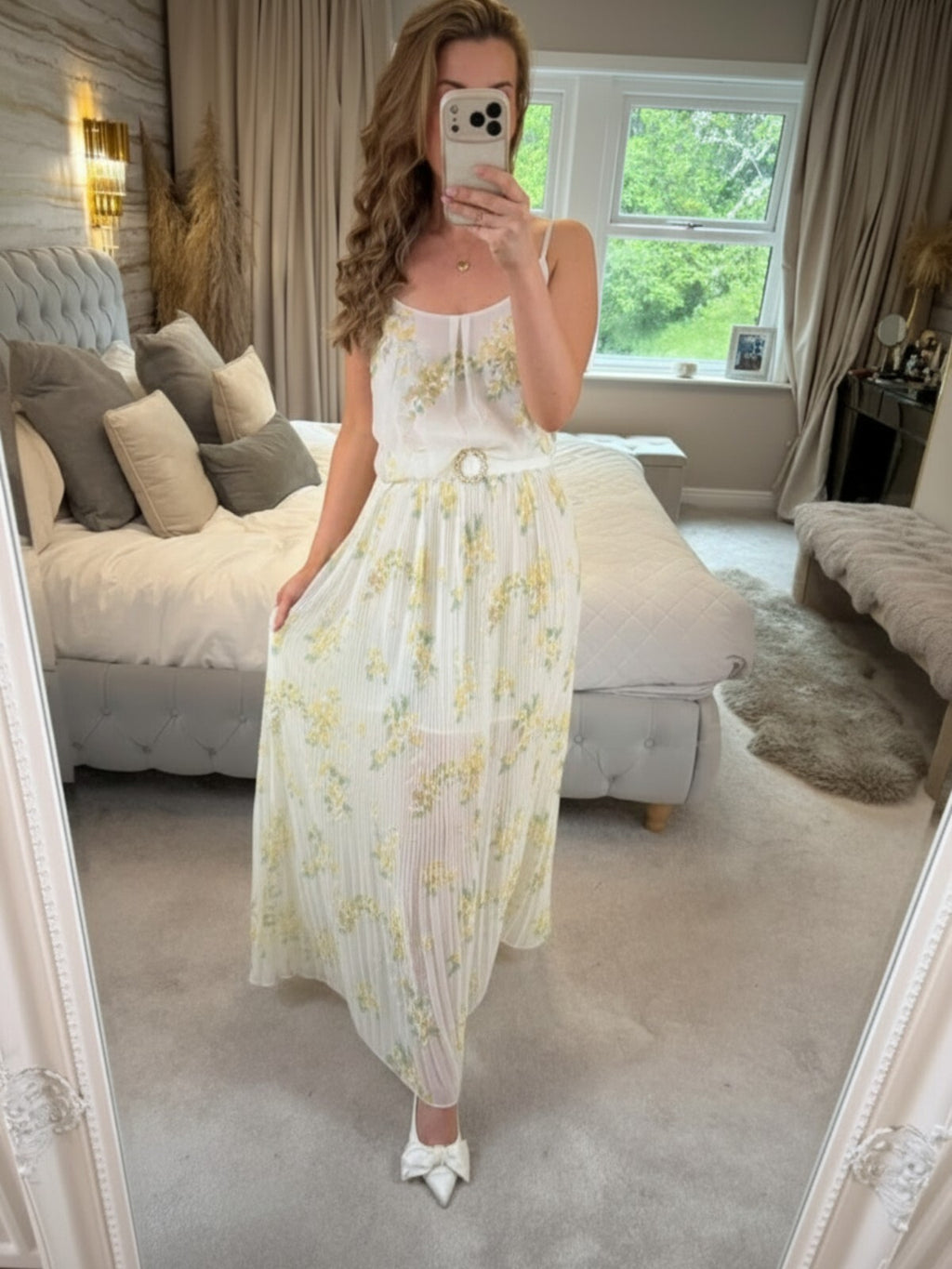 Oasis Sheer White & Yellow Floral Pleated Maxi Dress 12