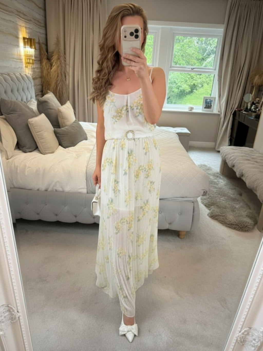 Oasis Sheer White & Yellow Floral Pleated Maxi Dress 12