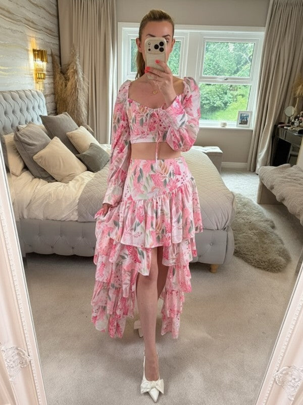 Moocci Pink & White Floral Tiered Skirt Co Ord