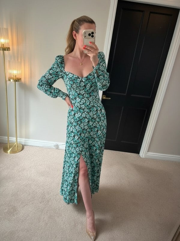 Los Angeles Atelier & Other Stories Green/Blue Floral Puff Sleeve Midi Dress Small