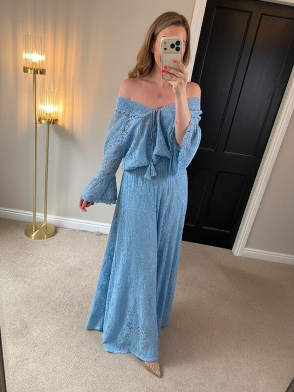 Boutique Light Blue Lace Wide Leg Trouser Boho Co Ord One Size
