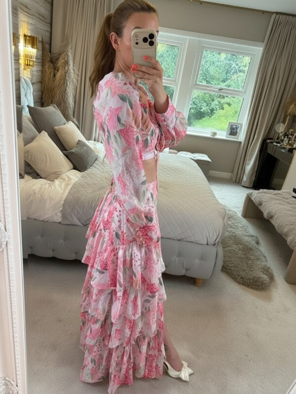 Moocci Pink & White Floral Tiered Skirt Co Ord