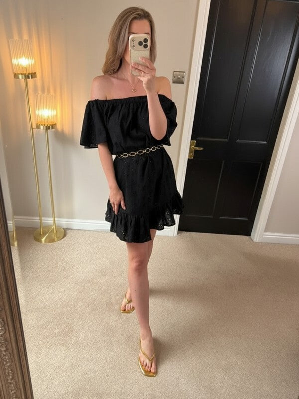 Floozie Off The Shoulder Black Broderie Anglaise Mini Dress Medium