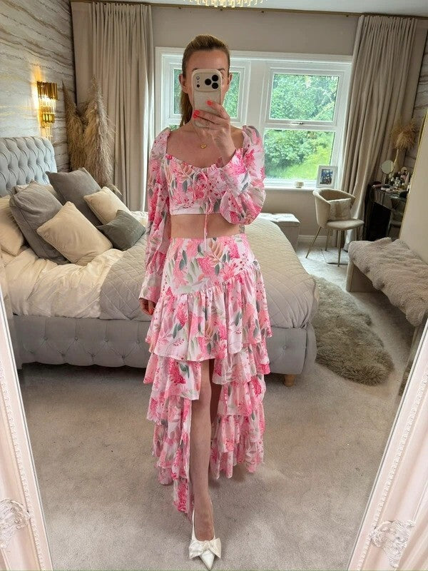 Moocci Pink & White Floral Tiered Skirt Co Ord