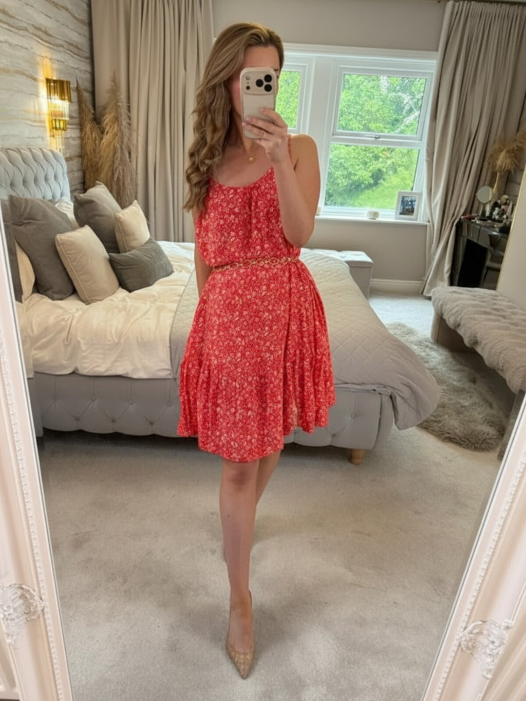 M&S Red & White Floral Floaty Summer Dress 16
