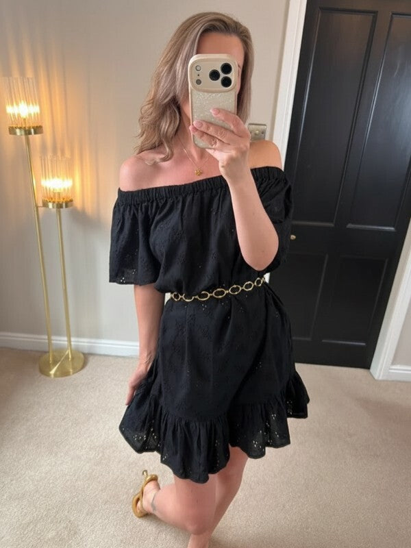 Floozie Off The Shoulder Black Broderie Anglaise Mini Dress Medium