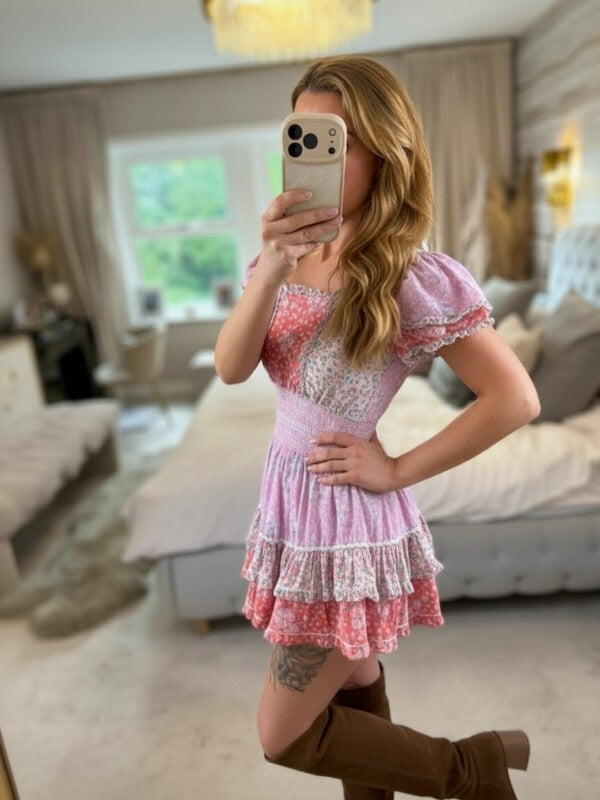 LoveShackFancy Stanton Patchwork Pink Floral Patchwork Dress XS