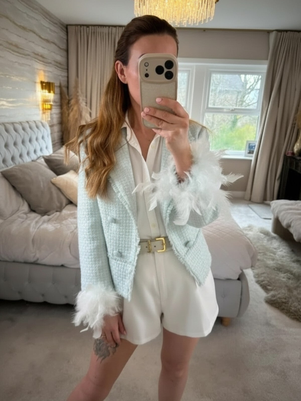 BNWT River Island Mint Green Tweed Feather Cuff Blazer 10