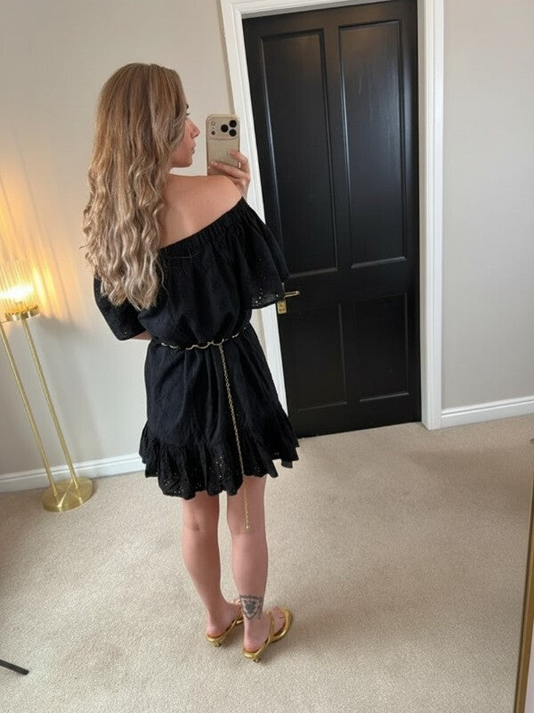 Floozie Off The Shoulder Black Broderie Anglaise Mini Dress Medium
