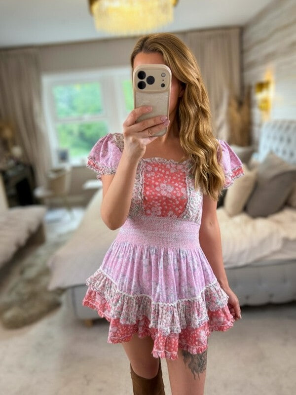 LoveShackFancy Stanton Patchwork Pink Floral Patchwork Dress XS