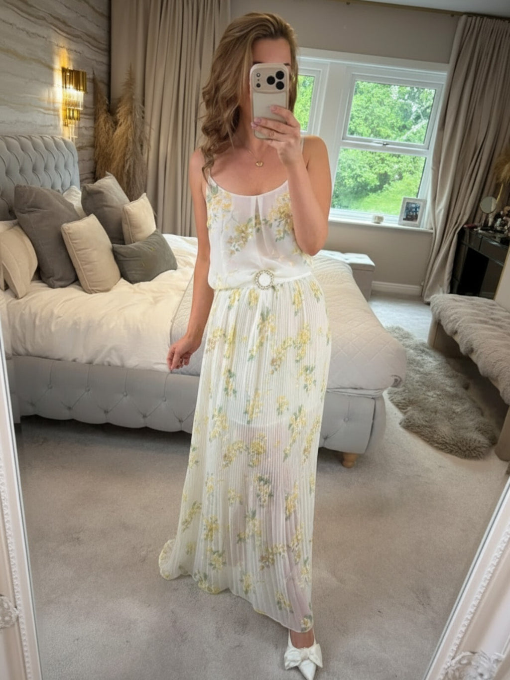 Oasis Sheer White & Yellow Floral Pleated Maxi Dress 12