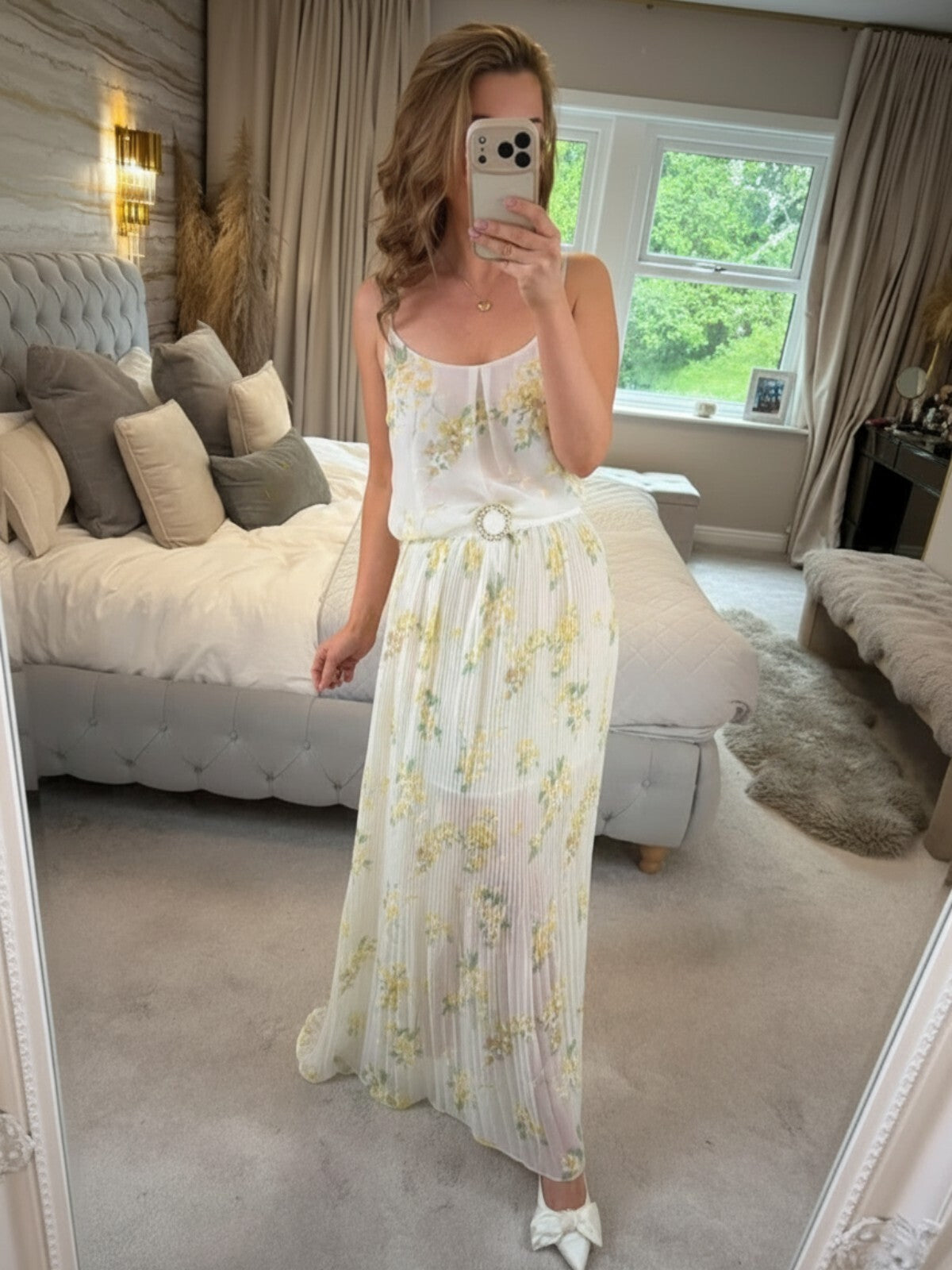 Oasis Sheer White & Yellow Floral Pleated Maxi Dress 12