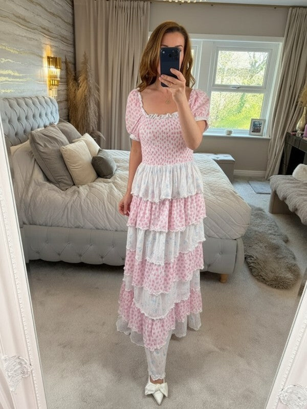 Amy Jane London Luna Pink & Blue Floral Tiered Maxi Dress Medium