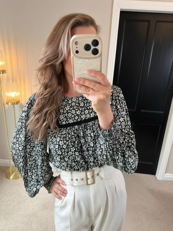 M&S Black & White Floral Boho Blouse 10