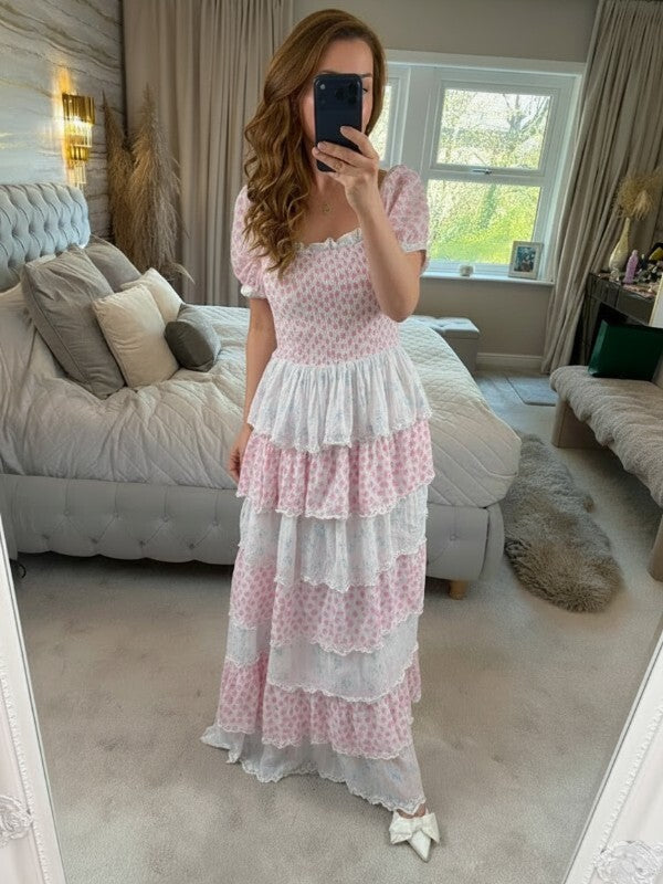 Amy Jane London Luna Pink & Blue Floral Tiered Maxi Dress Medium