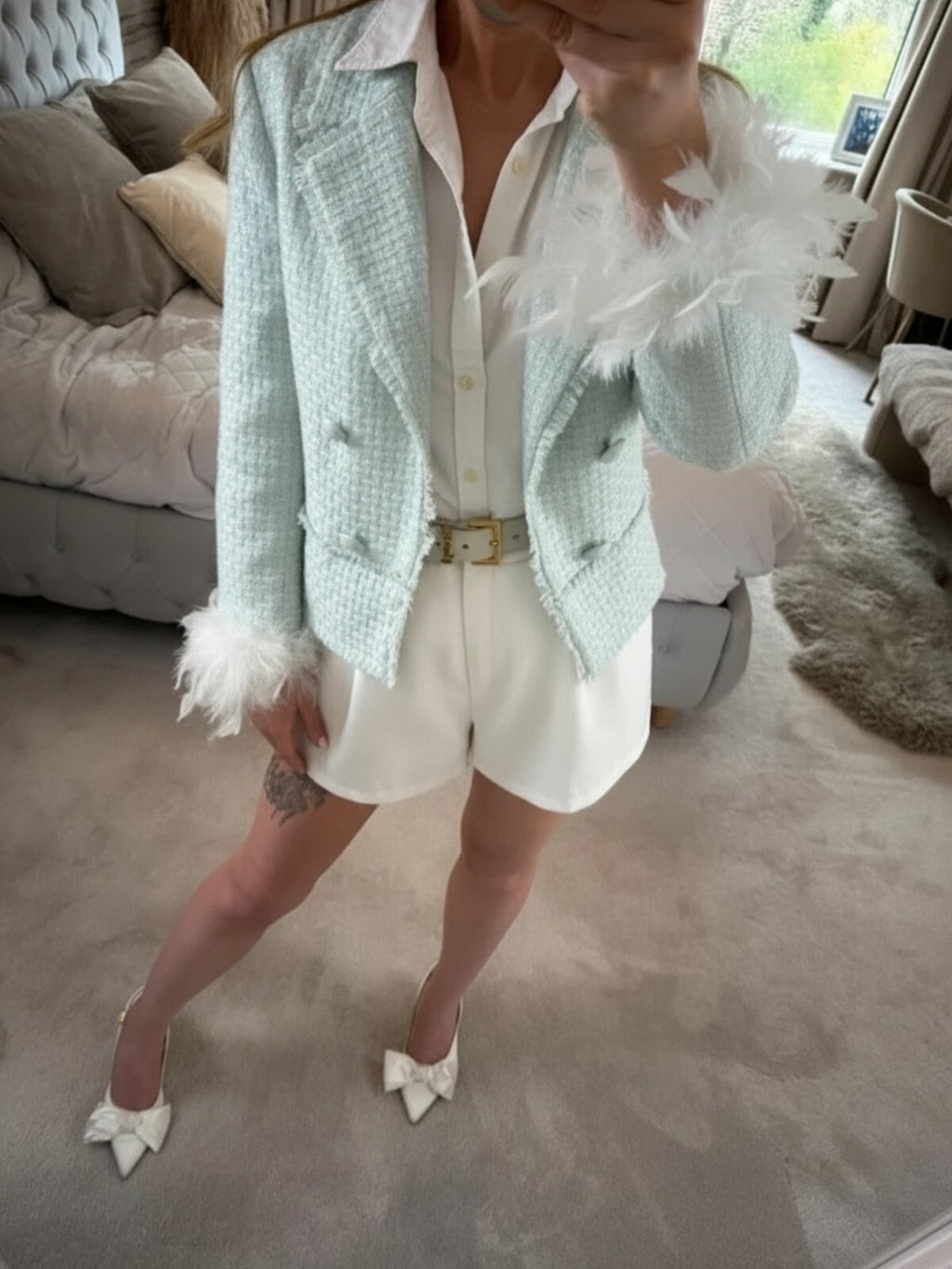 BNWT River Island Mint Green Tweed Feather Cuff Blazer 10