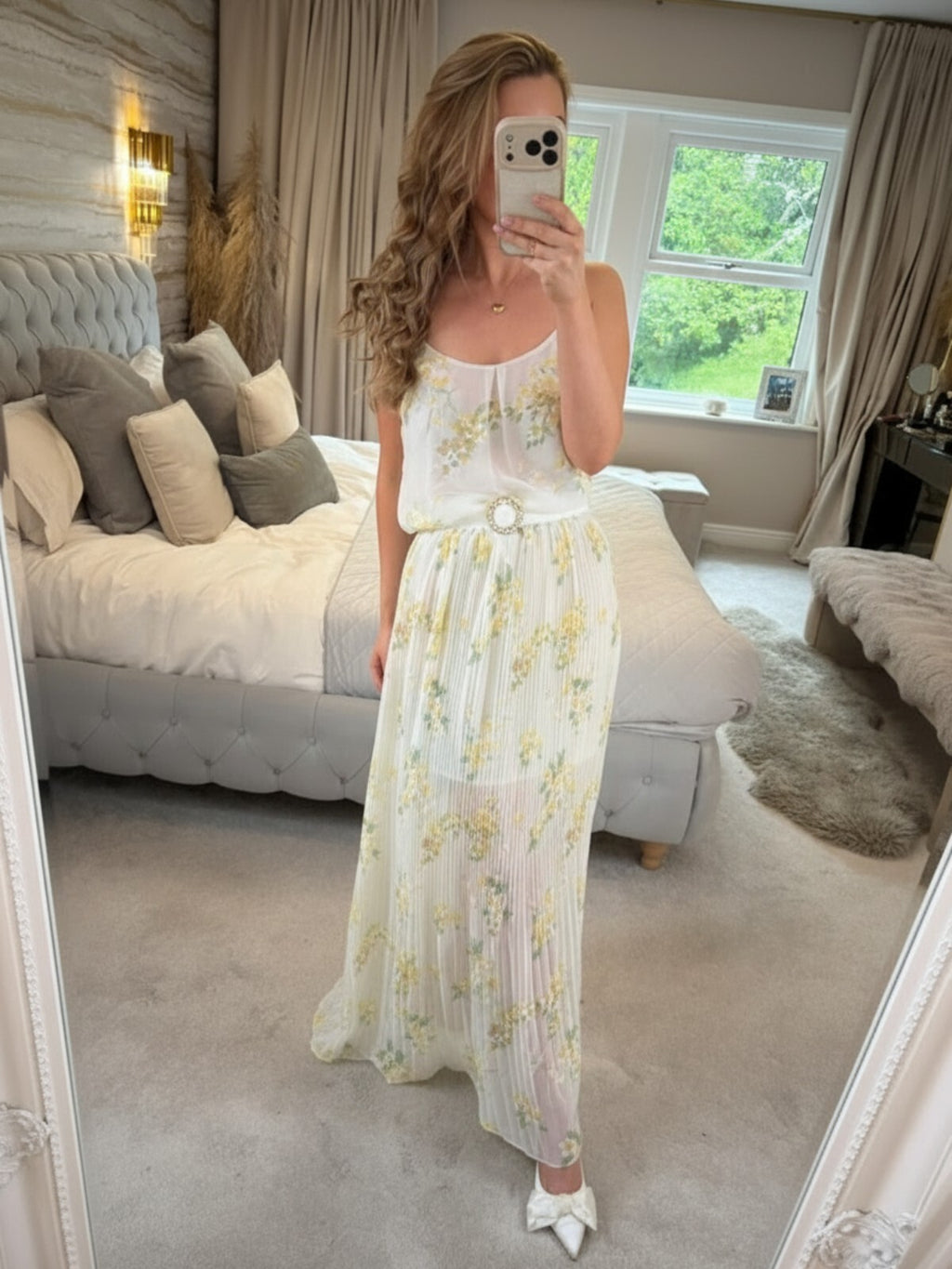 Oasis Sheer White & Yellow Floral Pleated Maxi Dress 12