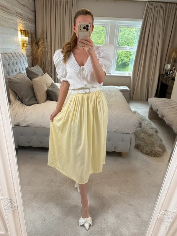 1980s Vintage Chelsea Girl Lemon Yellow Pleat Midi Skirt Small