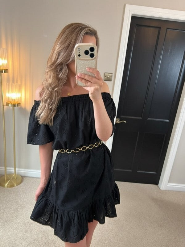 Floozie Off The Shoulder Black Broderie Anglaise Mini Dress Medium