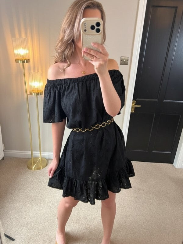 Floozie Off The Shoulder Black Broderie Anglaise Mini Dress Medium