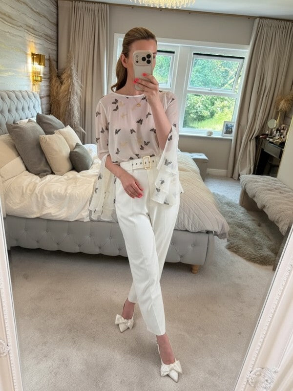 Ribbon White Sheer Butterfly Flared Sleeve Blouse 10