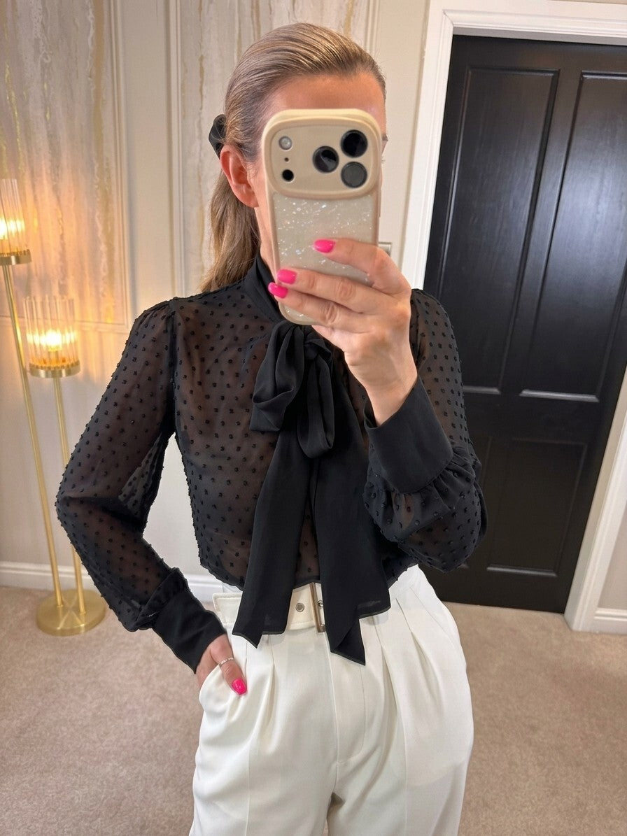 Altuzarra Black Sheer Dobby Bow Blouse Size XS