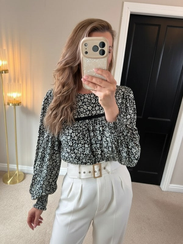 M&S Black & White Floral Boho Blouse 10