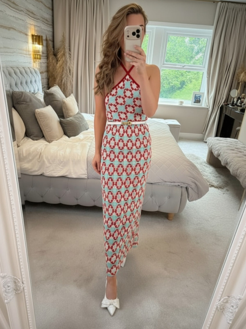Zara Red & Blue Crochet Open Back Dress Small