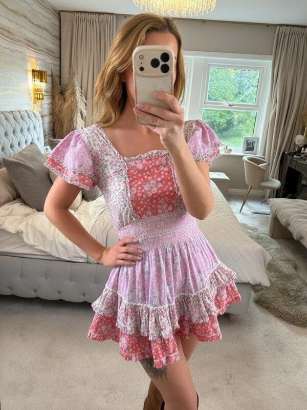 LoveShackFancy Stanton Patchwork Pink Floral Patchwork Dress XS