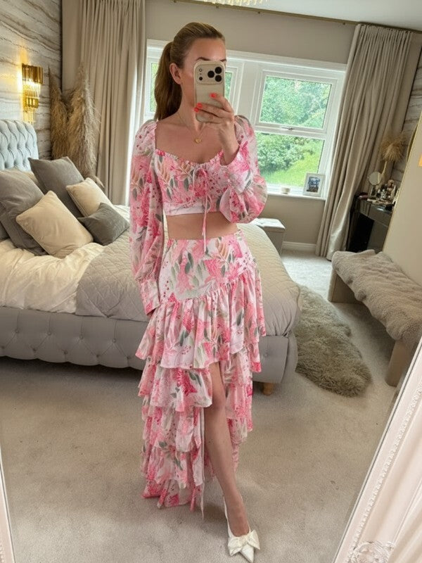 Moocci Pink & White Floral Tiered Skirt Co Ord