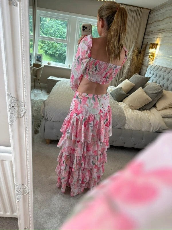 Moocci Pink & White Floral Tiered Skirt Co Ord
