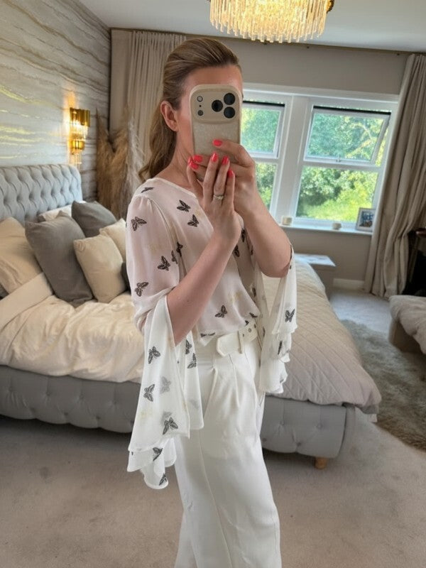 Ribbon White Sheer Butterfly Flared Sleeve Blouse 10