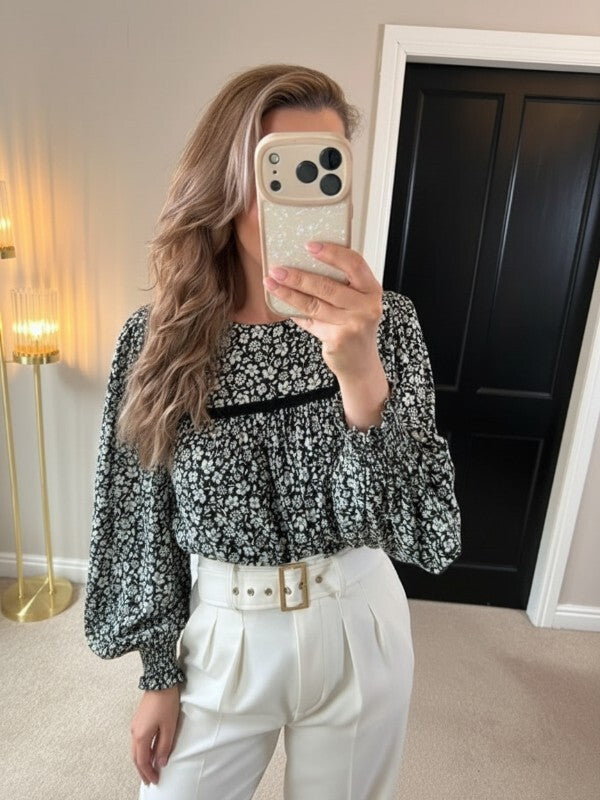 M&S Black & White Floral Boho Blouse 10