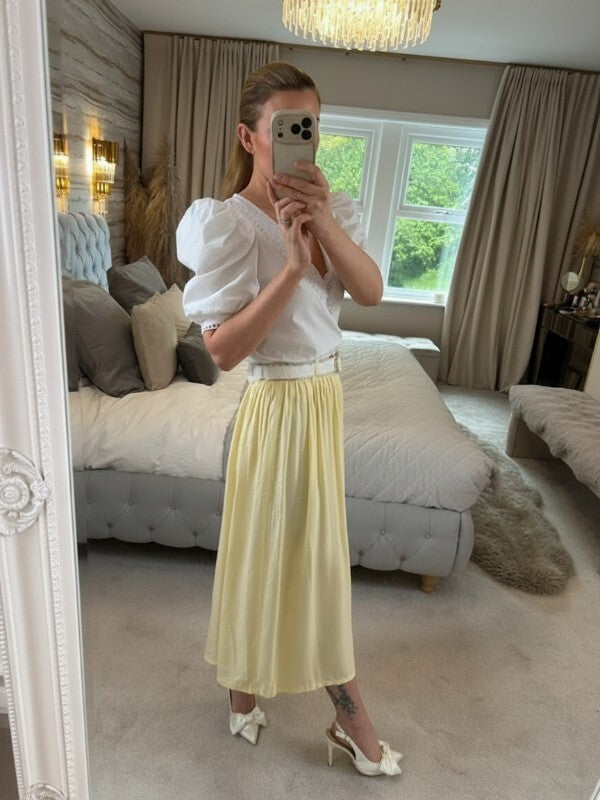 1980s Vintage Chelsea Girl Lemon Yellow Pleat Midi Skirt Small