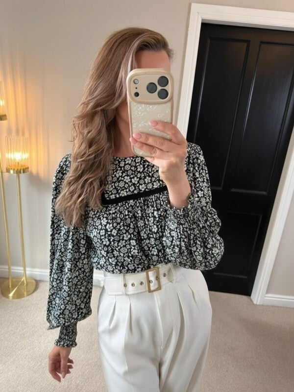 M&S Black & White Floral Boho Blouse 10