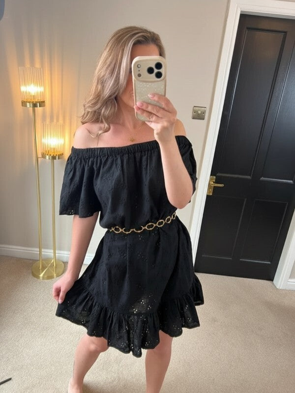 Floozie Off The Shoulder Black Broderie Anglaise Mini Dress Medium