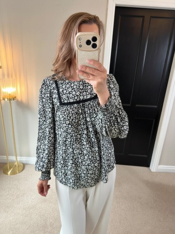 M&S Black & White Floral Boho Blouse 10
