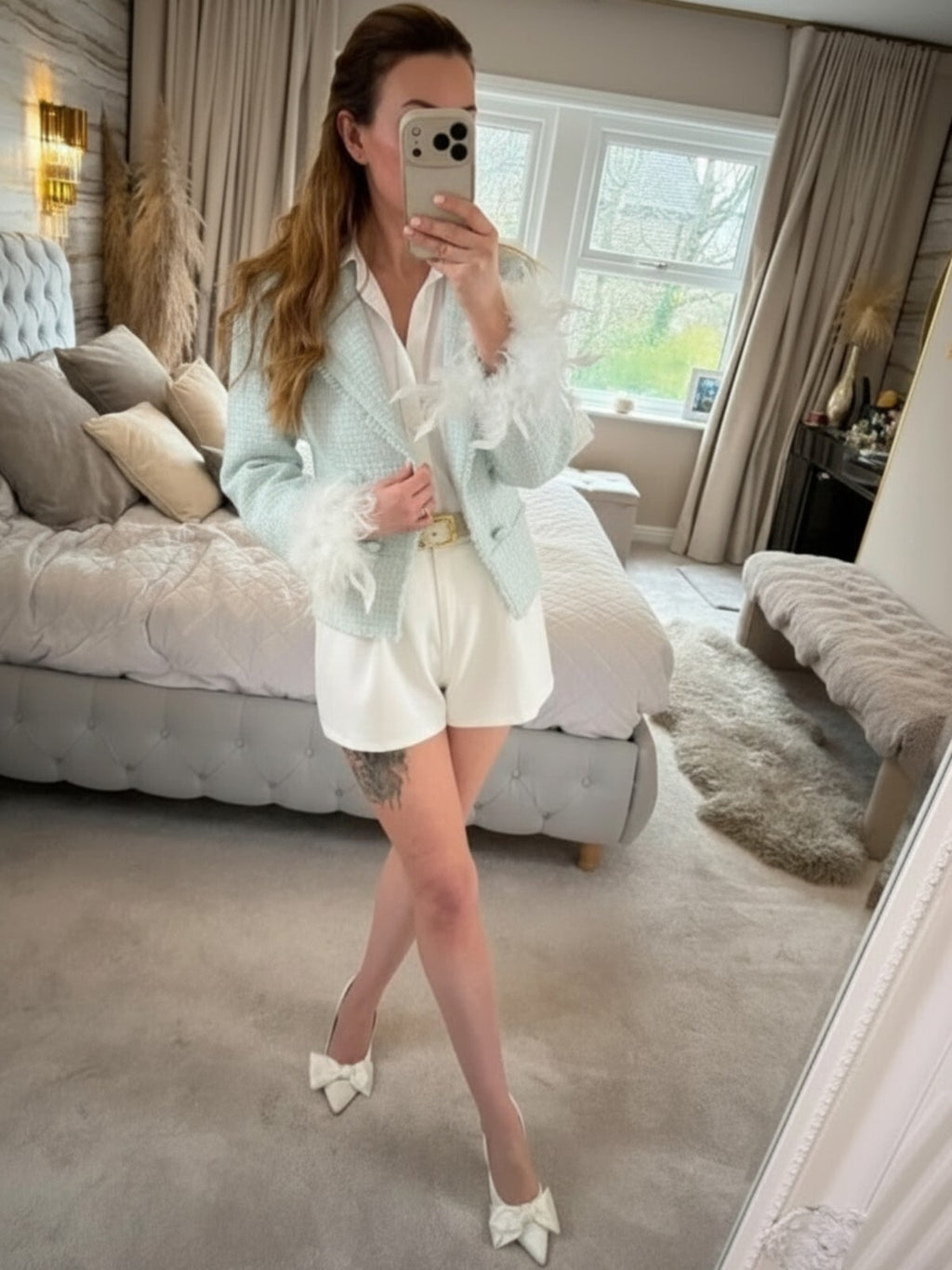 BNWT River Island Mint Green Tweed Feather Cuff Blazer 10