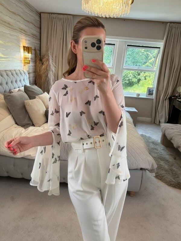 Ribbon White Sheer Butterfly Flared Sleeve Blouse 10