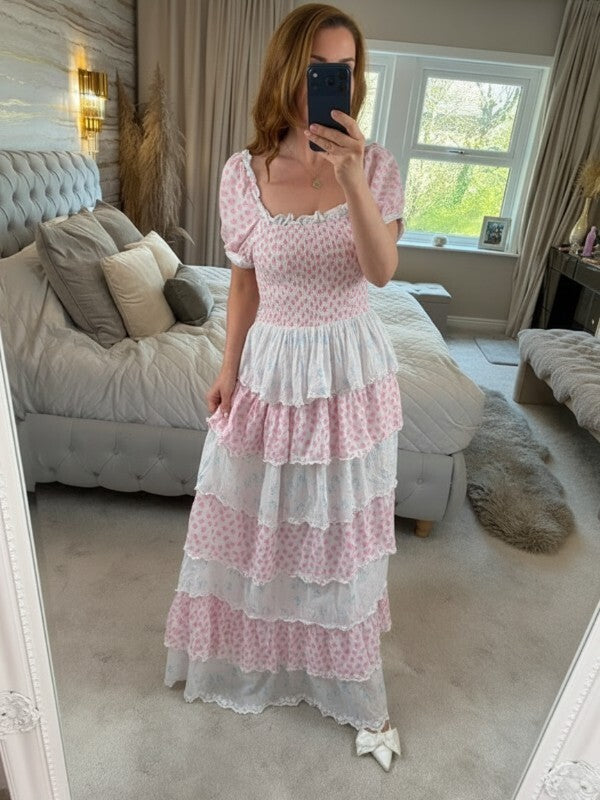 Amy Jane London Luna Pink & Blue Floral Tiered Maxi Dress Medium
