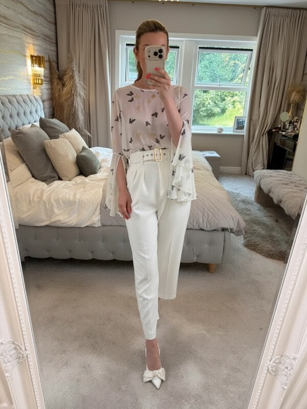 Ribbon White Sheer Butterfly Flared Sleeve Blouse 10