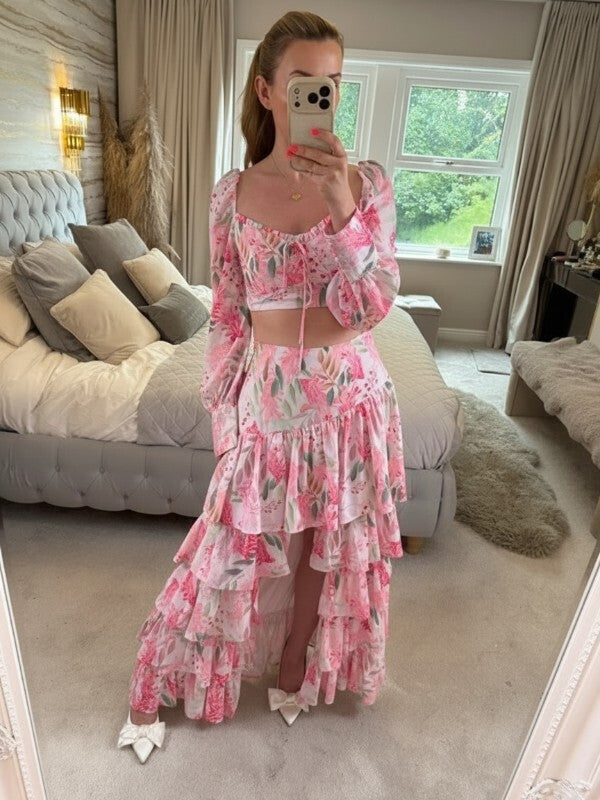 Moocci Pink & White Floral Tiered Skirt Co Ord